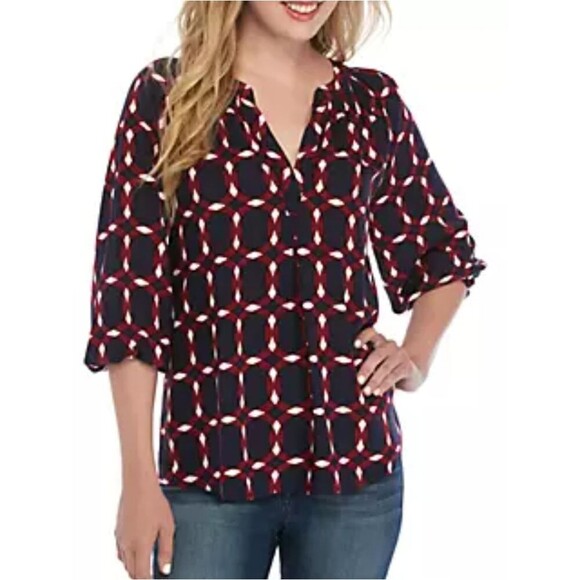 Crown & Ivy Women's Navy and Red Geometric Top Womens Size Large - Picture 1 of 10